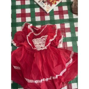 Vintage‎ Newborn Baby Dress Red Ruffles White Lace Handmade